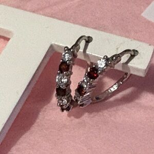 Sterling Silver and Red Garnet Hoop Earrings NWOT.
